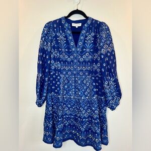 Hale Bob Los Angeles Embroidered Tiered Mini Dress Blue Womens Medium Boho Chic